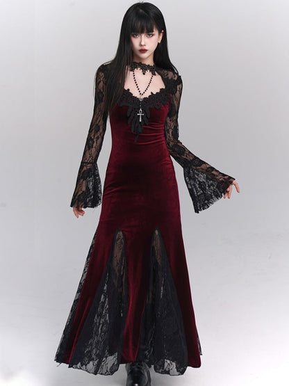 Black/Wine Red Gothic Lace Bell Sleeves Velvet Mermaid Dress