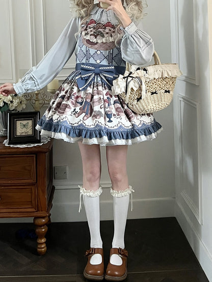 Print Stickerei Overall Süßes blaues Teddykleid Pilz Lolita Ausschnitt