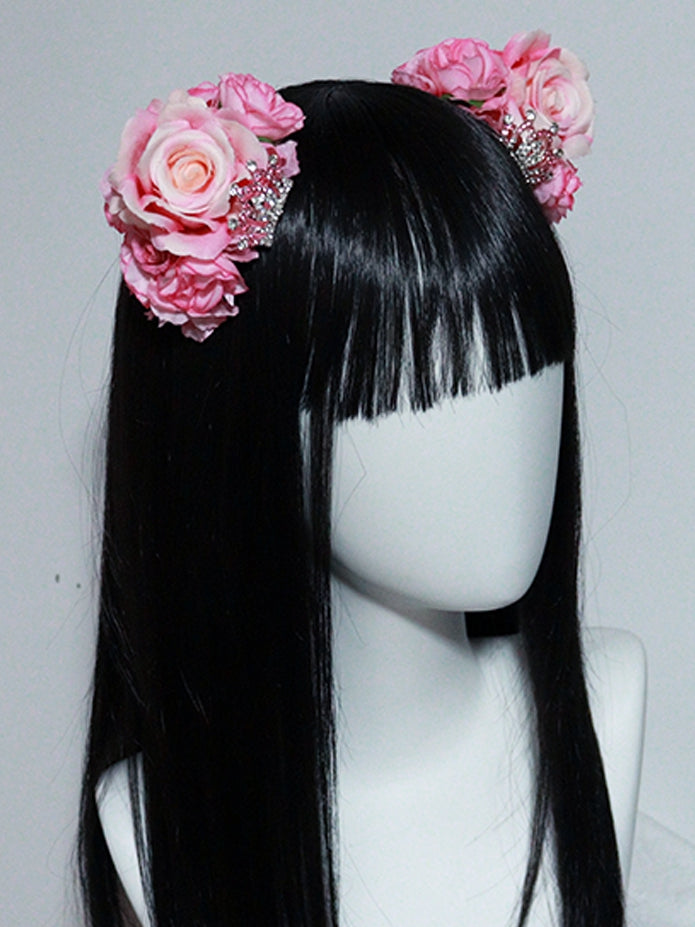 Hairclips Details Floral Crown Cat with Rhinestone Ear Pink