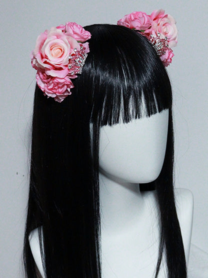 Hairclips Details Floral Crown Cat with Rhinestone Ear Pink