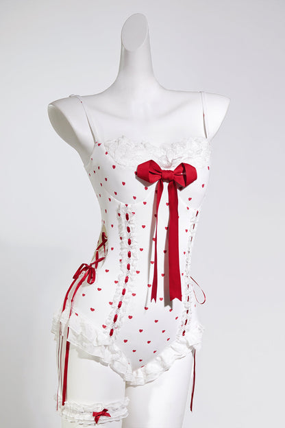 Ribbon Setup Trailing Swimsuit Heart Cute Red