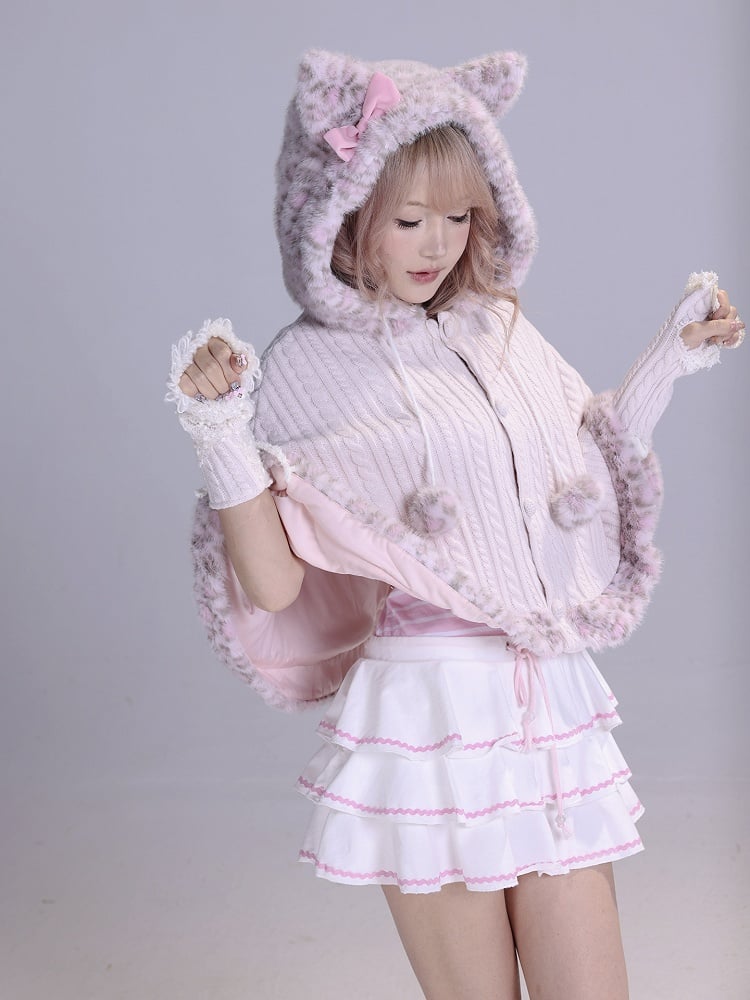 Fur Leopard Pink Cat Knit Faux Gyaru Accents Cape Trim Hime Hooded with Ear Print and Pom-Pom