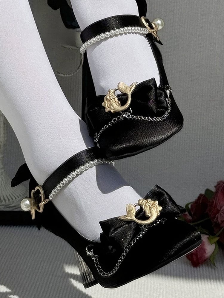 Elegant Black Pointed Toe Heels with Pearl Chain & Mermaid - Meng Ka Jiang