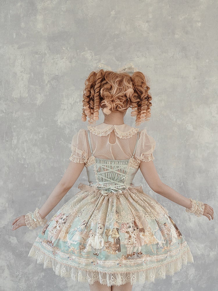 Lolita Süße Set Mieder Grün Print Minty Kitty Tee JSK Kleid Korsett Party Volle