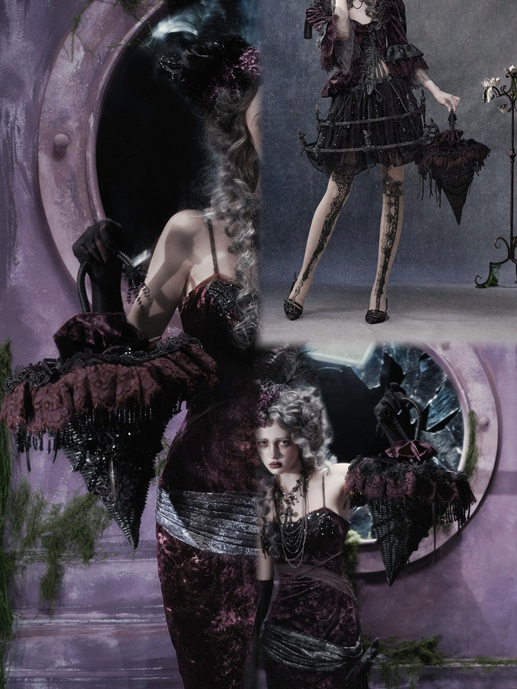 Gothic Victorian Umbrella Handbag in Black and Purple with Tassel Lace and Detachable Bow - Blood Supply
