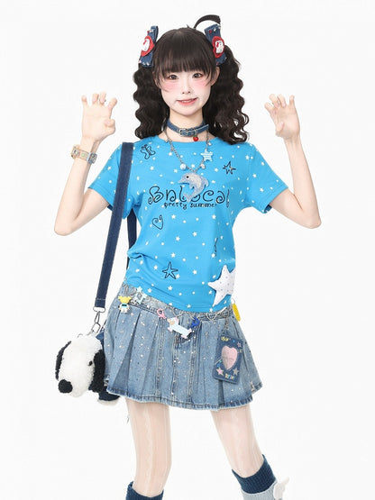 Blue Daily Kawaii Star Print Crew Neck Short Sleeve T-Shirt with 3D Star Decoration - Languid Park