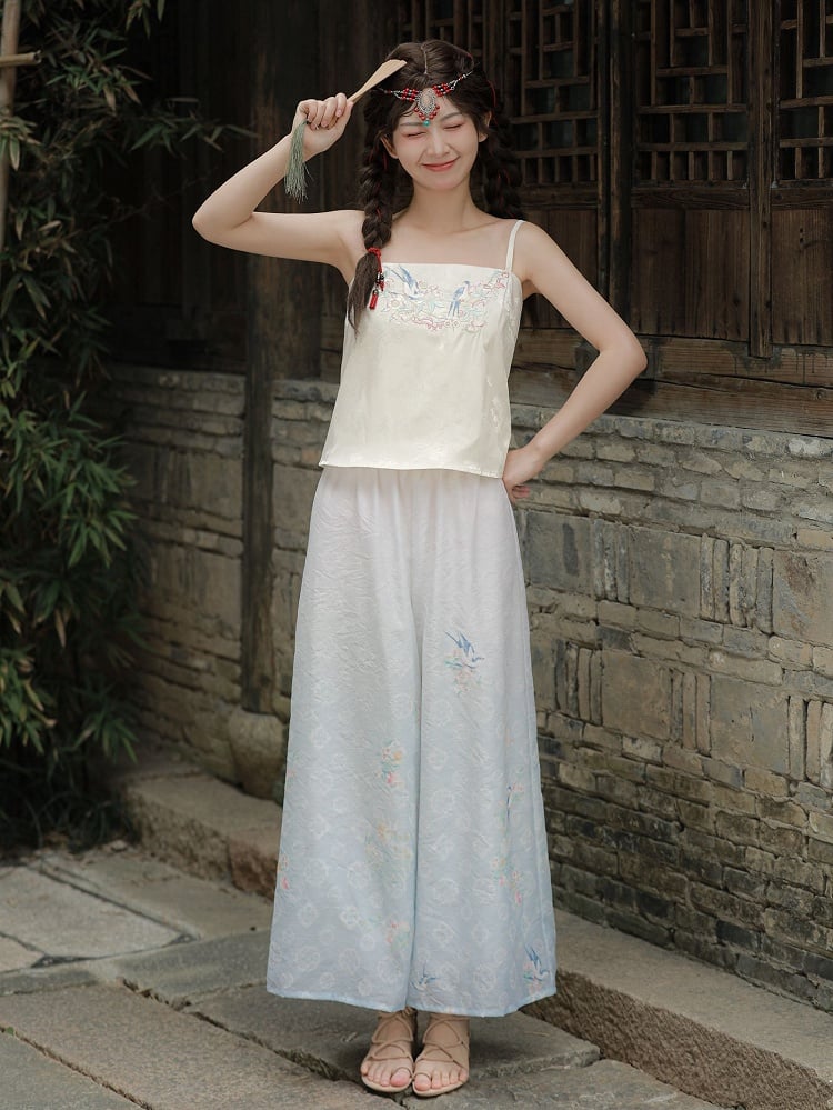 プリントレッグシフォングラデーションブルーワイドフローラルパンツ