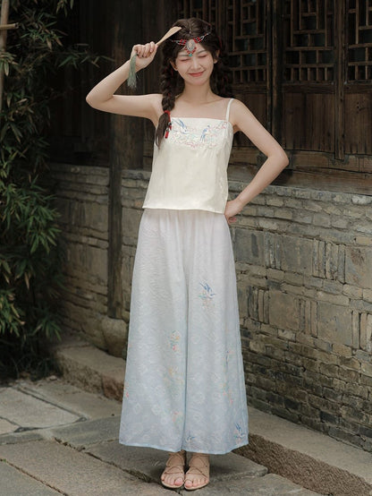 キャミソールと刺繍のトップス アプリコットバードフローラル