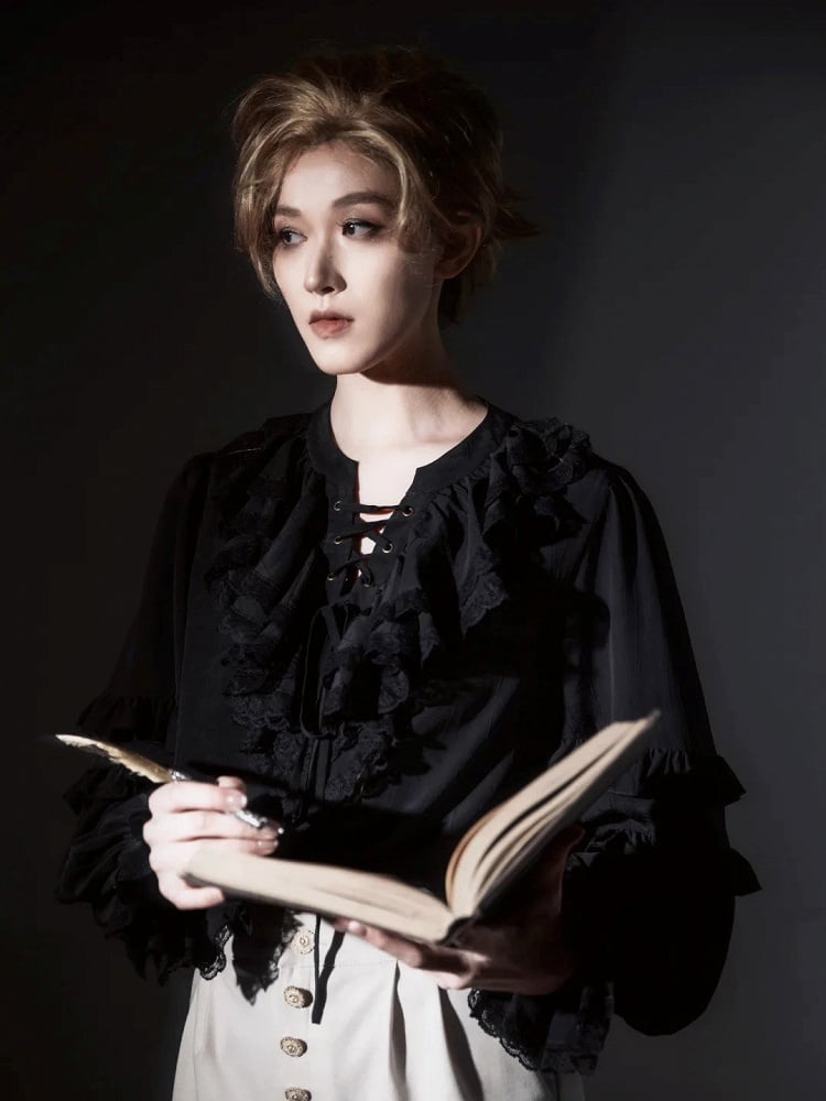 Lace-Up Ruffled Long Black with Sleeves Front Blouse