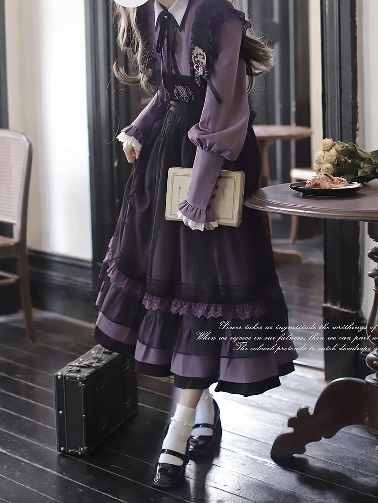 Front with Trim Embroidery Detail and Mesh Apron Dress Purple Lace Black at