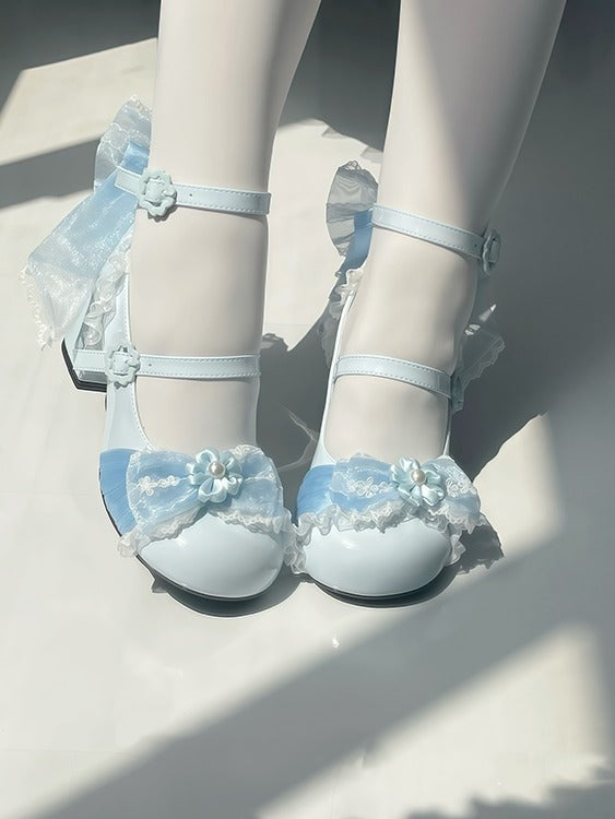 Blue Cherry Flower Sweet Mary Jane Shoes with Lace Bow - XIN MENG