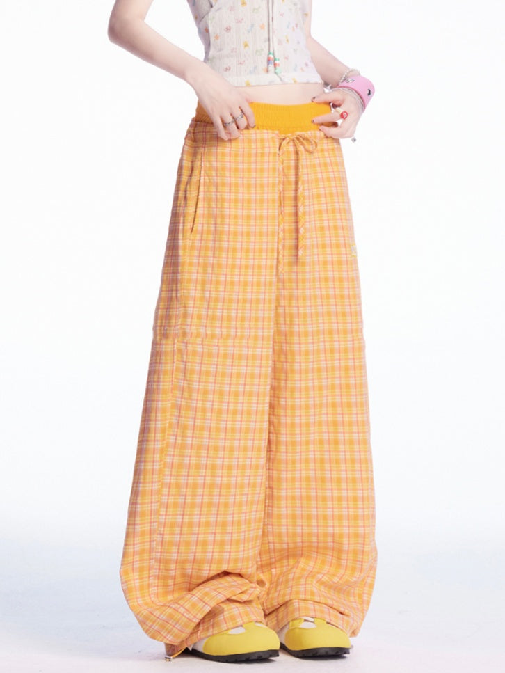 Drawstring Cuffs Wide-leg Casual Pants Orange Plaid Elastic Waist