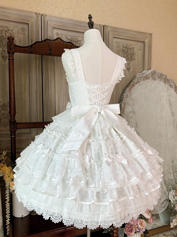 白のレイヤードスカート 白花嫁ドレス スウィート姫 ロリータ ジャンパースカート 取り外し可能なリボン付き