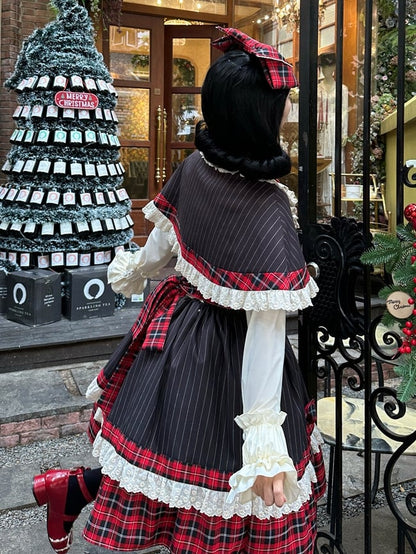 赤チェックと黒ストライプ柄ロリータJSK + ケープ