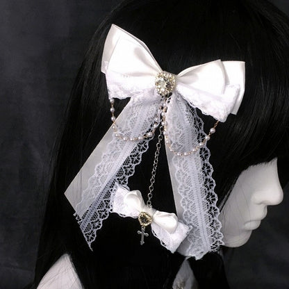 Chain Heart Lace Bow Beads Rhinestone with Hairclip Black/White/Lightblue