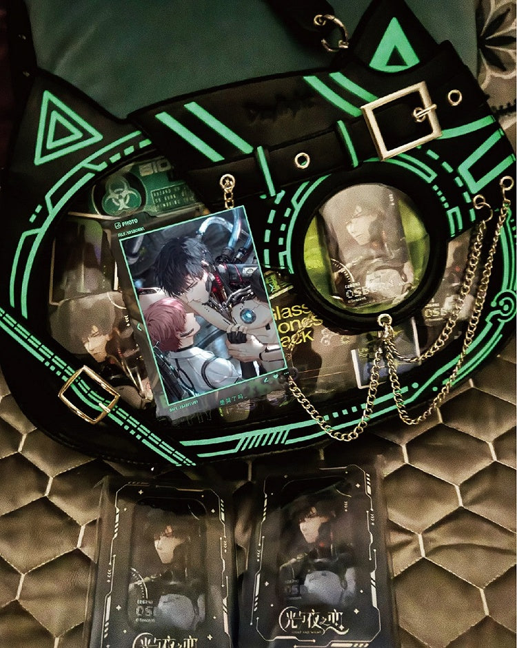 Glow-in-the-dark Luminous Cyberpunk Cat Ita Bag Black Green - Daylight