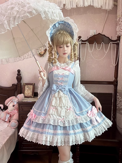 Süßes Lolita-Kleid mit Spitzenbesatz, rosa Schleifen, blau, JSK