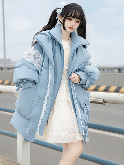 Accents Padded Bow Jacket with Blue Hooded Lace-Trimmed