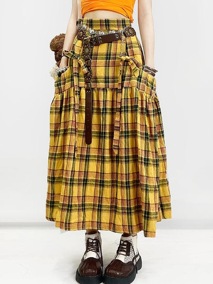 Y2K Details Plaid Bowknot Skirt Pattern Yellow