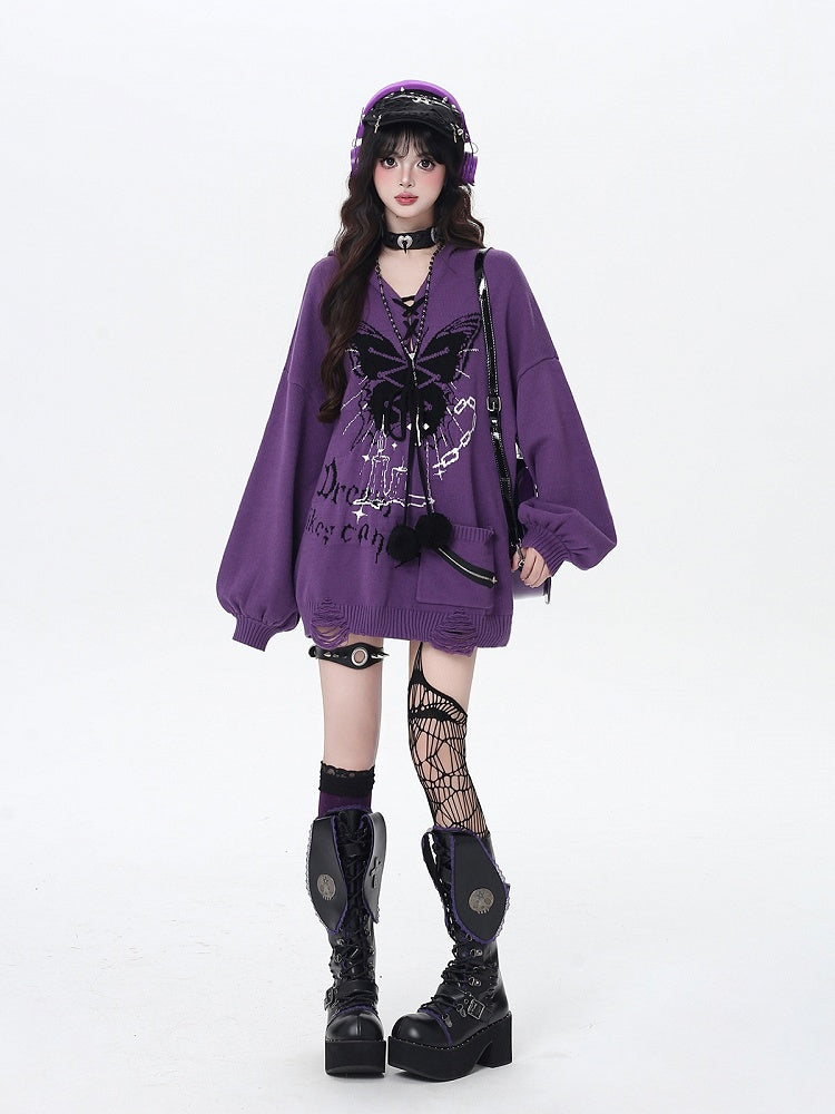 Pattern and Pom-Pom Details V-Neck Balloon Sleeve Knit Sweater with Butterfly Colors | 4