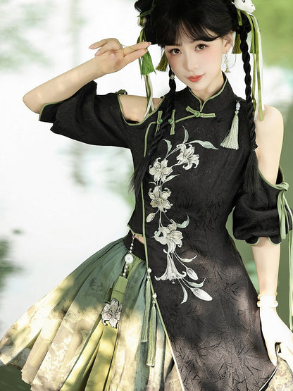 Black & Green Lily Embroidery Asymmetrical Top and Skirt - Han Ru Chu Hanfu & Han-Element Studi