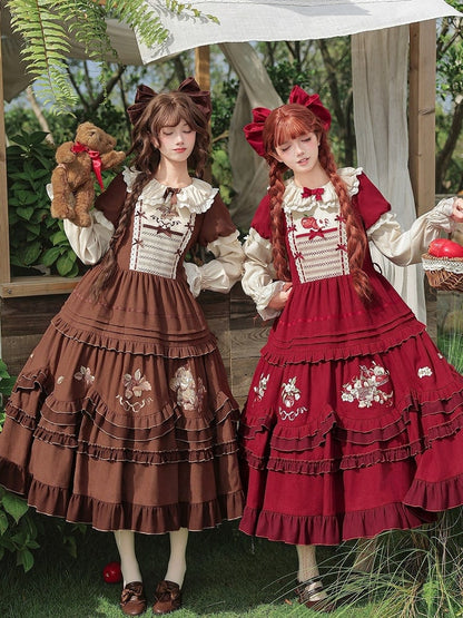 Brown Acorn & Squirrel Embroidered Lolita OP Dress with Peter Pan Collar, Ruffles, Belt, Brooch & Bow Hairclip - With PUJI