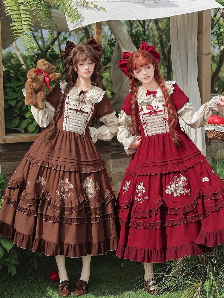 Wine Red Apple Embroidered OP Dress Set with Peter Pan Collar, Long Sleeves, Ruffle Trim, Belt, Brooch & Bow Hairclip - With PUJI