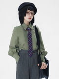 with Shirt Leg-of-Mutton Sleeves - Pleating Ouji Button Intricate Green Unisex Placket