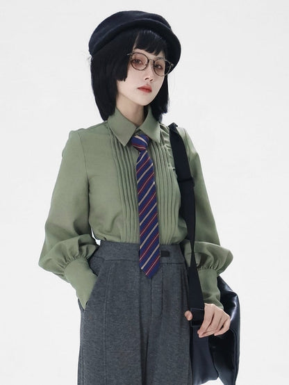 with Shirt Leg-of-Mutton Sleeves - Pleating Ouji Button Intricate Green Unisex Placket