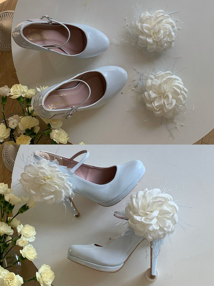 PU Lolita with Elegant Heels Embellishments in Detachable Leather Jane Style Floral Blue Mary