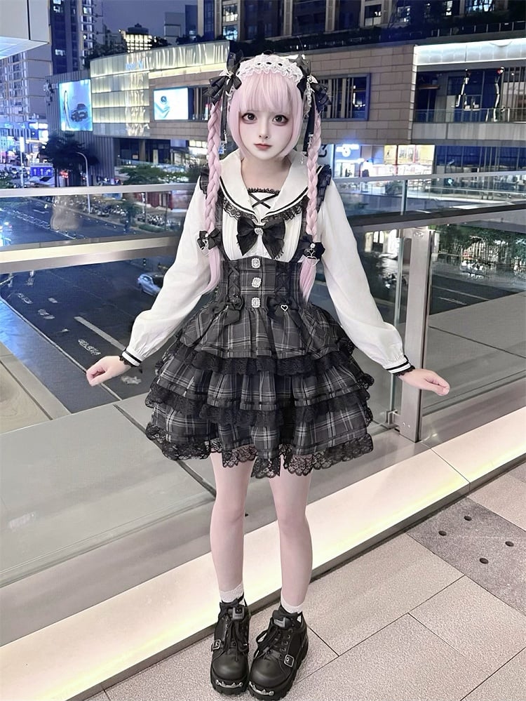 Blouse with Long White Sleeve Style Landmine Lace-Trimmed Sailor Collar Black