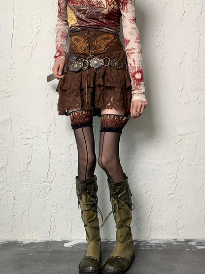 ブラックピーコックトリムストッキング Y2K フェザー柄 オーバーニー レース