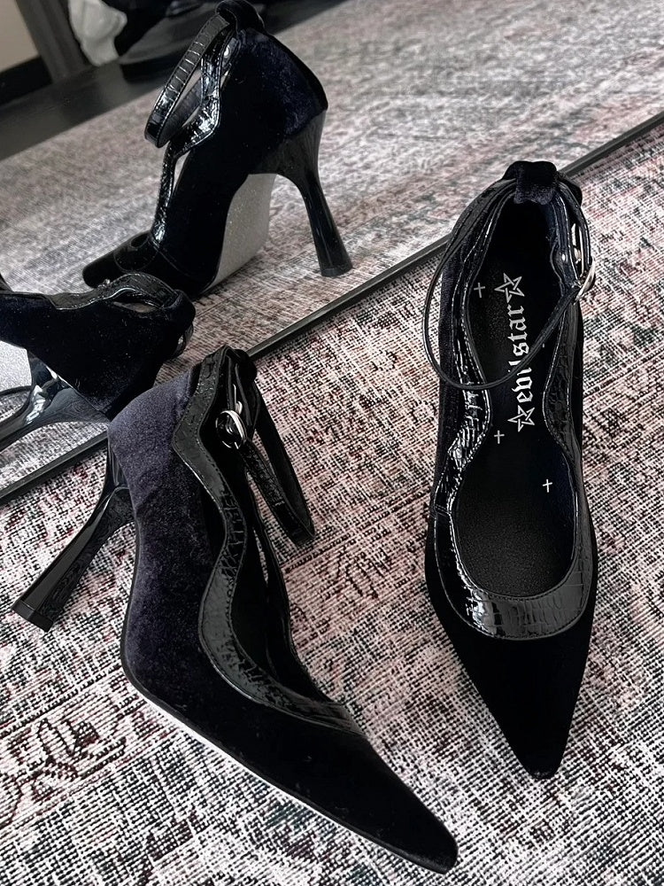 Shoes Black Bow Decor Toe Pointed Design High-heel Velvet Knotted