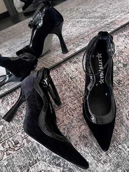 Shoes Black Bow Decor Toe Pointed Design High-heel Velvet Knotted