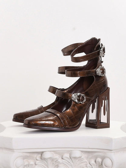 Polished Brown Gothic Crocodile Buckle Straps Blood Drip High Block Heels