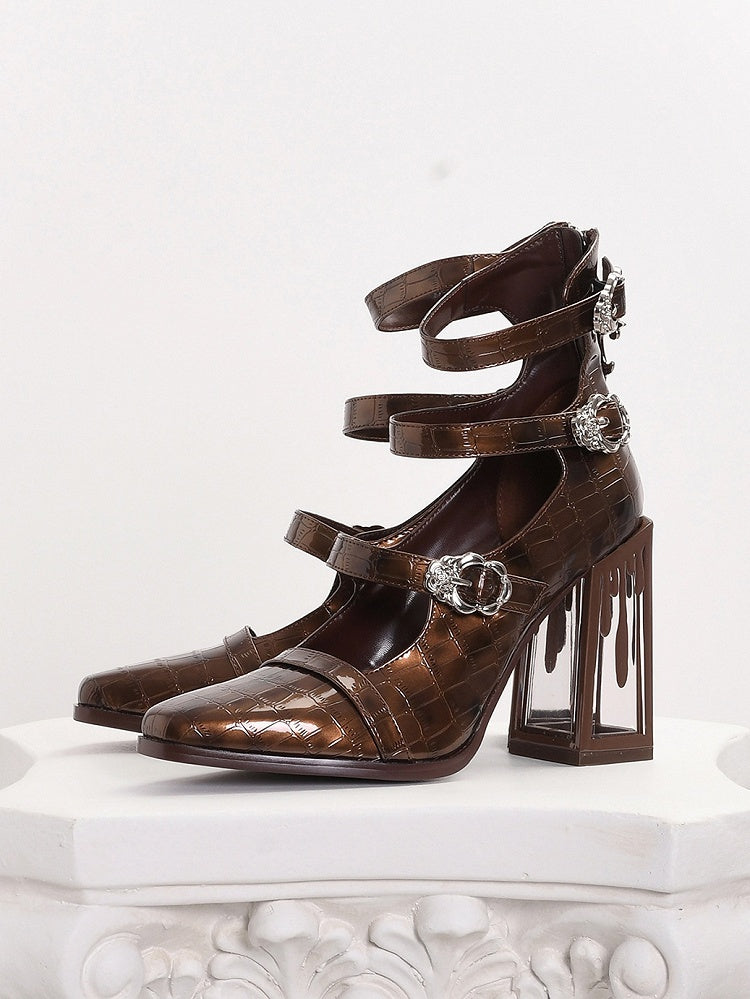 Polished Brown Gothic Crocodile Buckle Straps Blood Drip High Block Heels