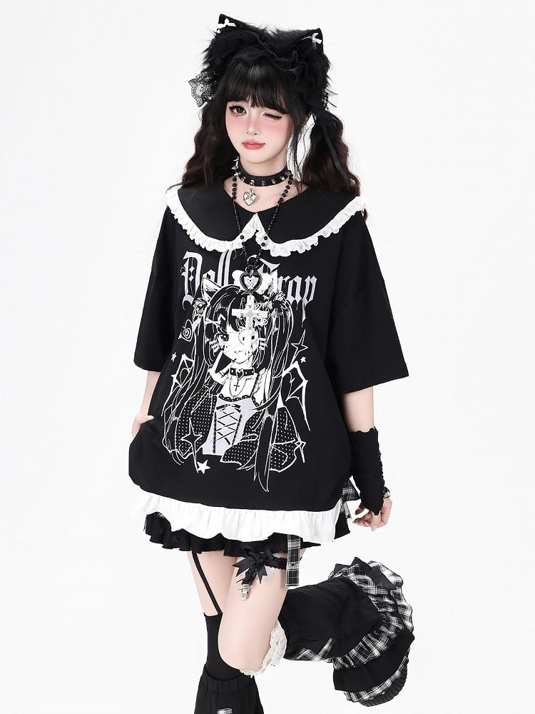 Anime Girl Print Black Peter Pan Collar Short Sleeve T-Shirt with Ruffle Hem - CRAZY GIRL