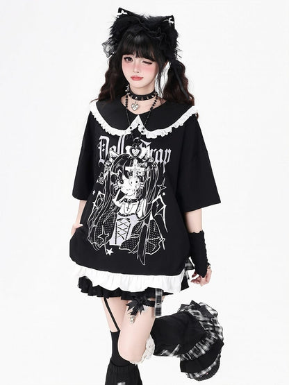 Anime Girl Print Black Peter Pan Collar Short Sleeve T-Shirt with Ruffle Hem - CRAZY GIRL