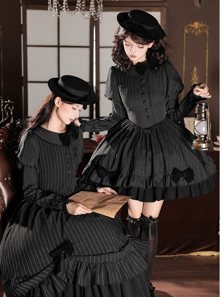 Black Striped Long Sleeve Short Lolita OP Dress with Mini Hat & 2-Way Bow Brooch Set - With PUJI
