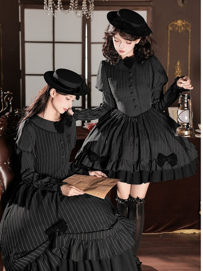 Black Striped Long Sleeve Short Lolita OP Dress with Mini Hat & 2-Way Bow Brooch Set - With PUJI