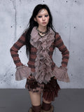Cascading Trim Bell Top Flounced Ruffle - Cuffs Pink Dusty Striped Sleeve