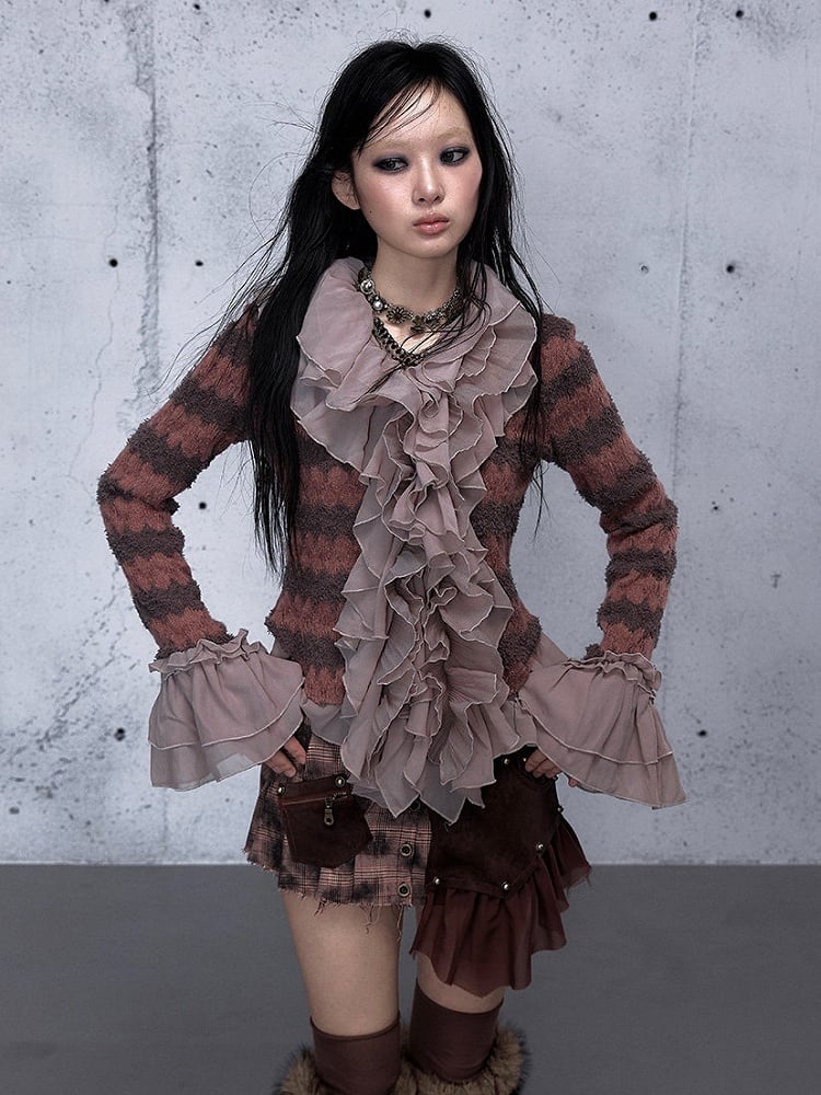 Cascading Trim Bell Top Flounced Ruffle - Cuffs Pink Dusty Striped Sleeve