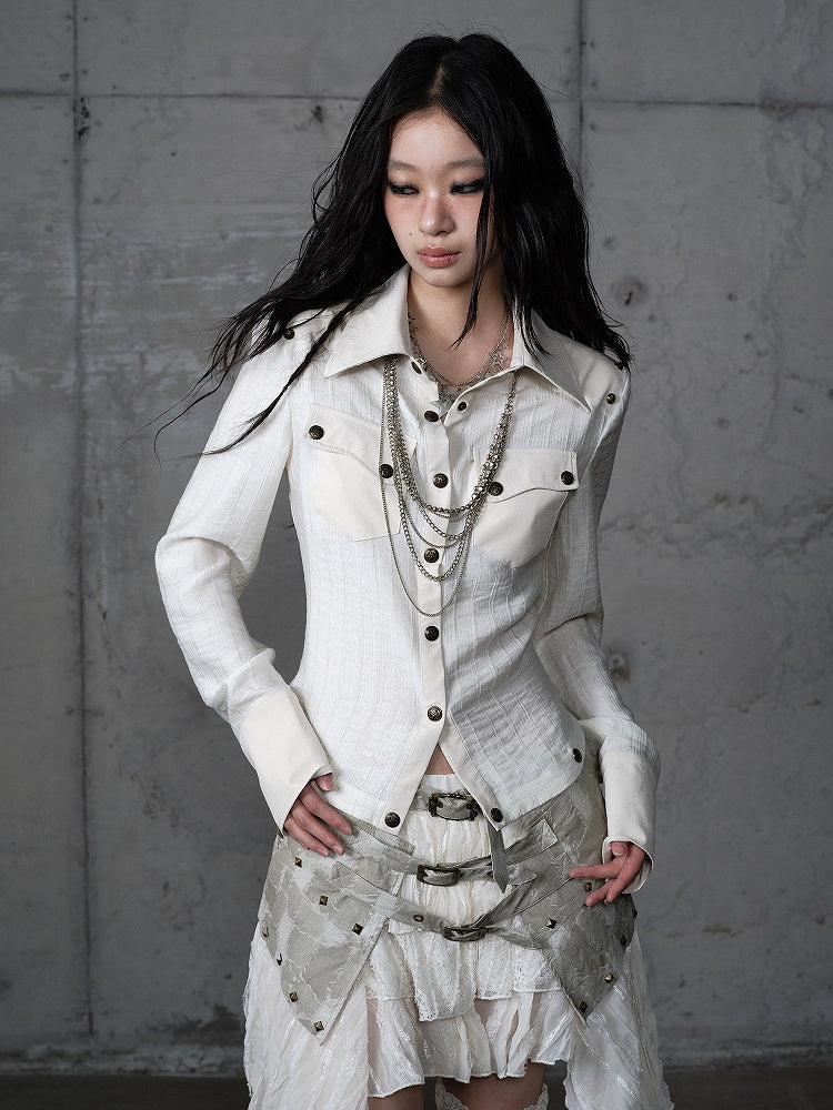 Punk Vintage Detachable Hem Patchwork White Back PU with Shirt Deconstructed