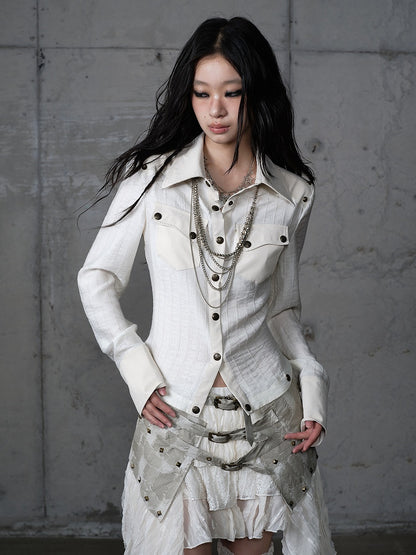 Punk Vintage Detachable Hem Patchwork White Back PU with Shirt Deconstructed