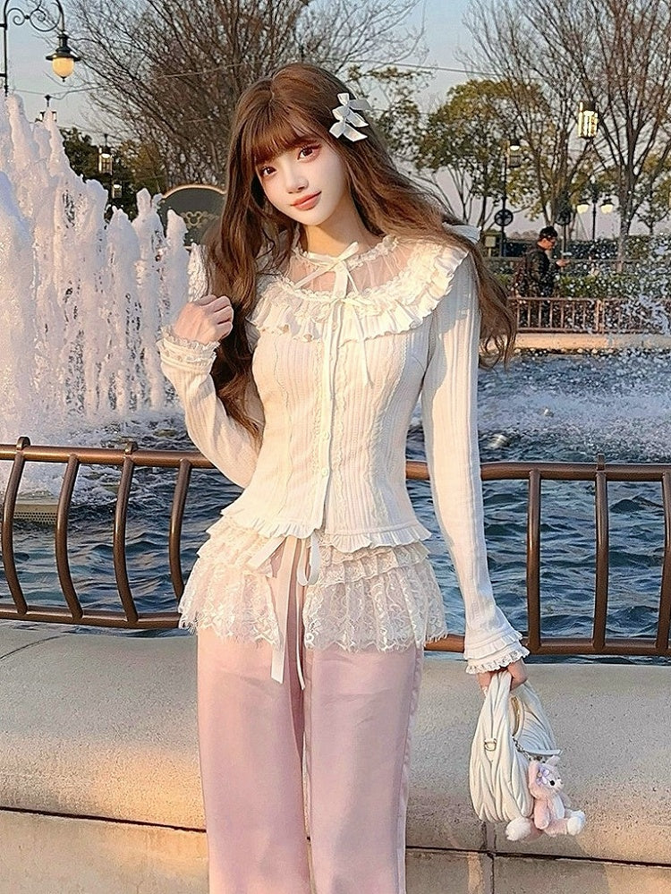 Vintage Strickschleife Weiße Strickjacke Rüschenspitze