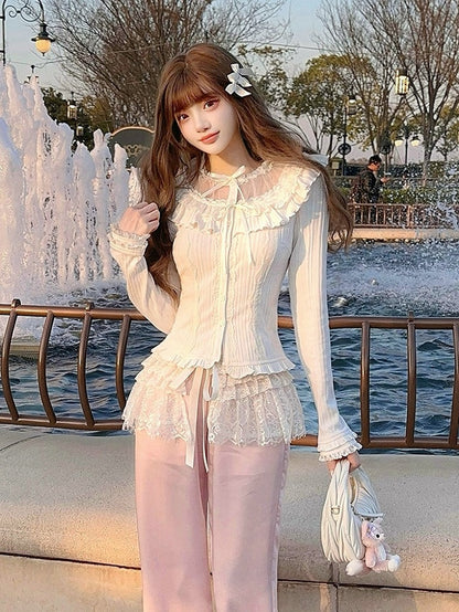 Vintage Strickschleife Weiße Strickjacke Rüschenspitze