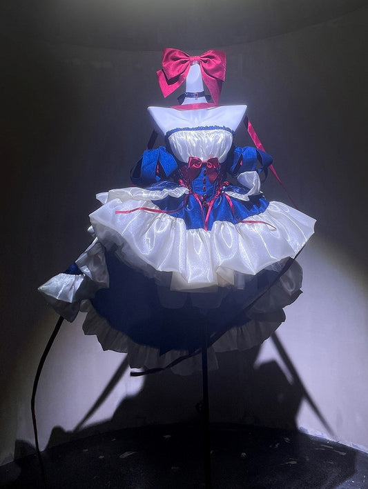 Waist Large Ribbon with Basque Blue Red Snow Accents Princess Bow and Balletcore White Vibes Dress