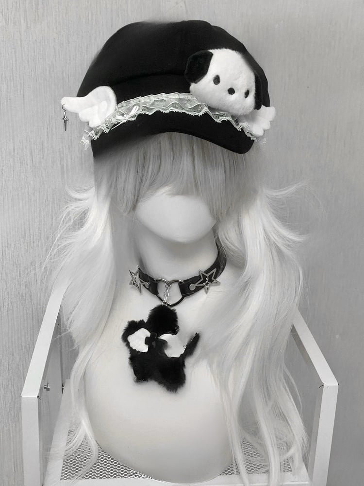 Wing Hat Lace Decorated Puppy With Black Beret Plush Trim