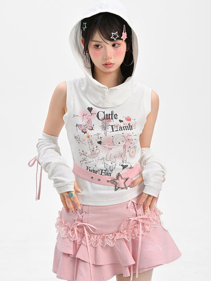 Buckle Armwear Lamb Print White Hooded Free Y2K Cute Tank Top with Star