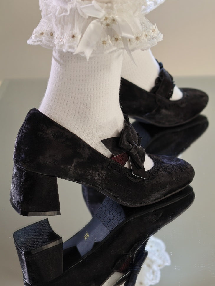 Slip-On Scalloped with Elegant Lolita Ornate - Bows Edging Design in Black Easy Ballet Shoes Decorative